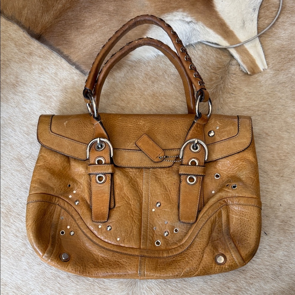 vintage Y2K Coach Hampton satchel in a tan color leather silver studs braided